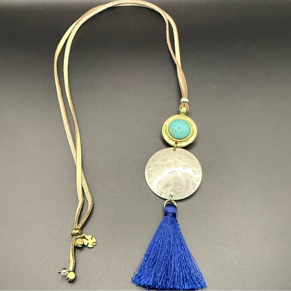 LUCKY BRAND TWO TONE BLUE TASSEL REVERSIBLE STONE NECKLACE BOHO